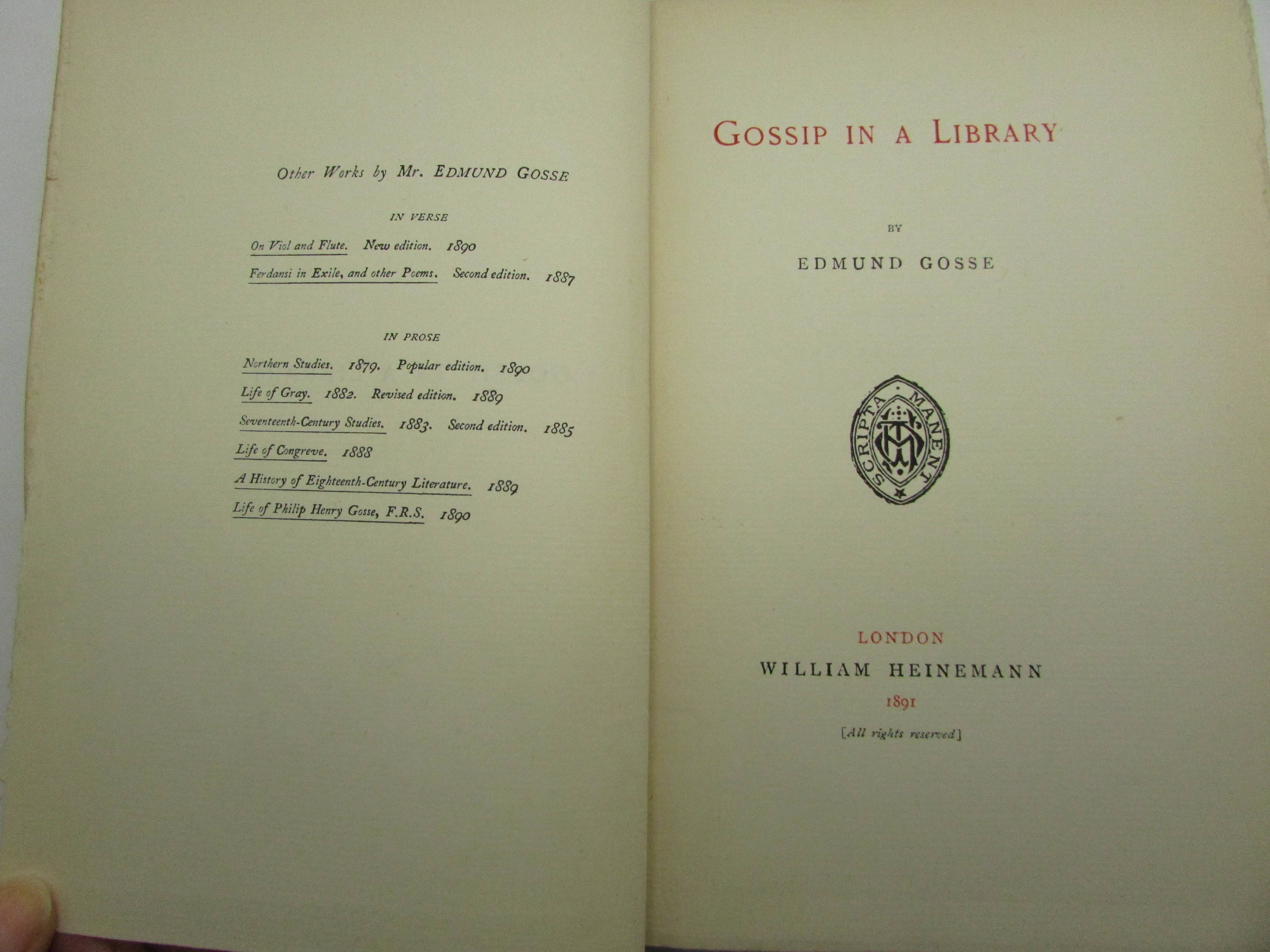 Gossip in a Library by GOSSE, Edmund | Harrison-Hiett – Rare Books