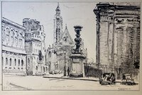 Original ink drawing of the Place de Panthéon, Paris. by LEMASSON, Albert.