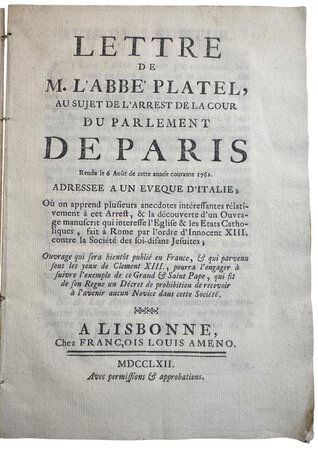 Lettre de M. l'Abbé Platel / Carta de M. Abbade Platel com o motivo da Sentença, by PARISOT, Pierre-Curel