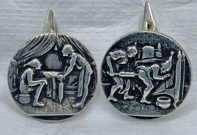PAIR OF RARE NICKEL(?) AND SILVER ‘CLYSTER’ BUTTONS/CUFFLINKS by [MEDICAL SATIRE].