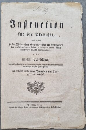 INSTRUCTION FÜR DIE PREDIGER, by [APPARENT OF DEATH.]