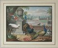 Another image of Ducks, a Kingfisher, a Heron and other birds in a rural landscape. together with Peacocks, Macaws, Parrot, Turkey and Lapwing in a formal garden setting by HEFELE, J..... H...... (died c. 1710)