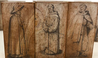 Fifteen wooden printing blocks with fine pencil drawings on each depicting the vestments of various monastic orders. by WALLER, John Green.