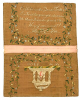 Embroidered German letter case with a poem and an image of a temple. by [W.M.]