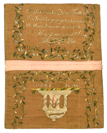 Embroidered German letter case with a poem and an image of a temple. by [W.M.]