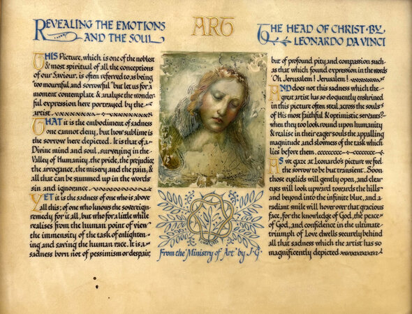 Art. Revealing the Emotions and the Soul; The Head of Christ by Leonardo Da Vinci. From the ‘Ministry of Art’ by J.G. [John Gibbins]. by ADAMS, Cuthbert Harry. [DA VINCI, Leonardo].