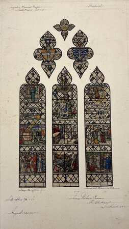Two original designs for a large Memorial stained glass window in St. Andrew’s Church, Droitwich.Together with: A design for a Memorial window in Hampton Lovett Church. by CAMM, Florence & Walter at the T.W. CAMM STUDIO. STAINED GLASS WINDOW DESIGNERS.