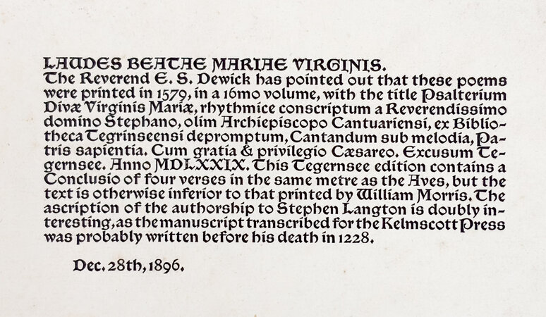 Post-publication inserted note for Laudes Beatae Mariae Virginis, Dec. 28th, 1896 by KELMSCOTT PRESS.