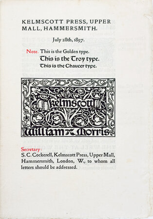 Prospectus for Kelmscott Press, Upper Mall, Hammersmith. July 28th, 1897. by KELMSCOTT PRESS.