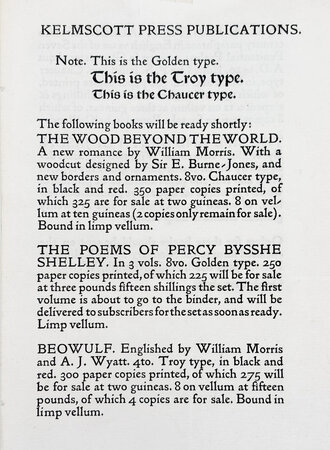 List for Kelmscott Press, October 1st 1894 by KELMSCOTT PRESS.
