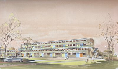 Architectural Perspective: Untitled 1950s Maisonette Block by Mid Century Modern Social Housing BARBER L.
