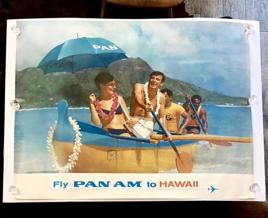 Original 1965 FLY PAN AM TO HAWAII Vintage Travel POSTER WAIKIKI BEACH Tropical Paradise by [Midcentuy Travel Poster] Chester "Blackie" KRONFELD Photographer