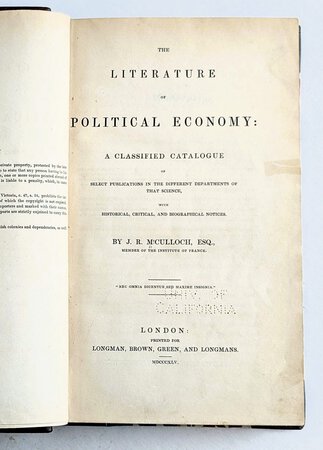1845 J.R. McCulloch LITERATURE OF POLITICAL ECONOMY 1st Ed. FINANCE BIBLIOGRAPHY by John Ramsay McCulloch