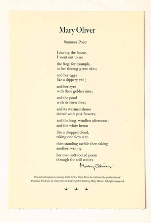 MARY OLIVER *SIGNED* BROADSIDE - SUMMER POEM - Da Capo Press 2002 by Mary Oliver