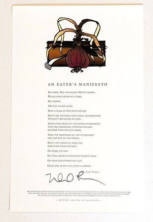 AN EATER'S MANIFESTO - A BROADSIDE POEM w/ ART by DAVID GOINES - JOYFUL EATING by Michael Pollan