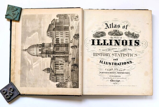 1876 ATLAS OF THE STATE OF ILLINOIS w/ 119 LITHOGRAPHED COLOR MAPS + MANY PLATES by Warer & Beers