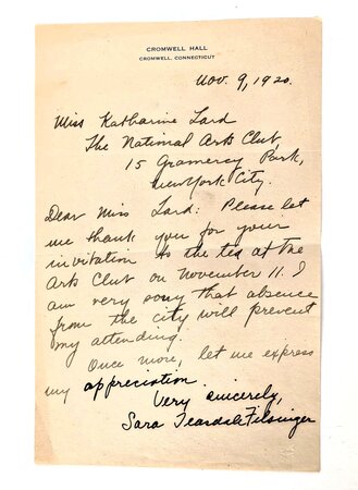 1920 SARA TEASDALE MANUSCRIPT LETTER written at CROMWELL HALL SANITARIUM by SARA TEASDALE