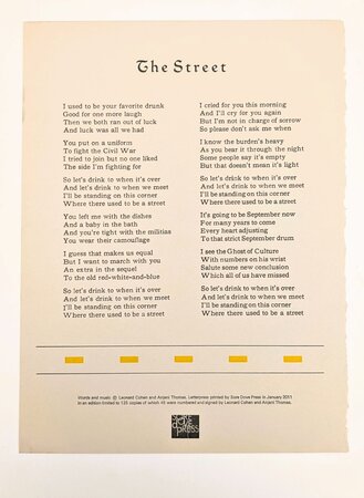 2011 LEONARD COHEN and ANJANI "THE STREET" POEM / SONG LYRICS - BROADSIDE 1/125 by Leonard Cohen and Anjani
