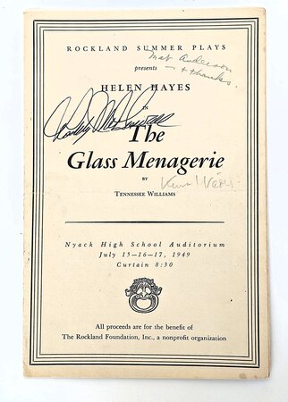 1949 THE GLASS MENAGERIE PROGRAM - SIGNED by KURT WEILL, HELEN HAYES, JULIE HARRIS, RODDY MCDOWALL, MAXWELL ANDERSON, and Others - A Renowned Rockland Summer Theatre Benefit Performance by Tennessee Williams