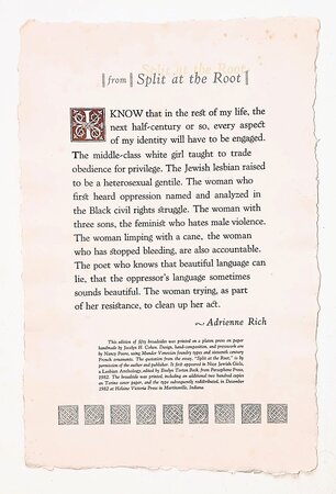 1982 ADRIENNE RICH BROADSIDE - SPLIT AT THE ROOT - 1/50 on HANDMADE PAPER Printed by a Small Feminist Press by Adrienne Rich